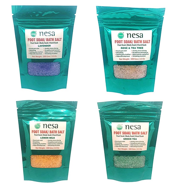 Nesa Bath Salt  Foot Soak Salt Variety Pack Lavender Green Tea Rose  Tea Tree Lemon Milk  Pack of 4  100 Gms Each  Muscle Pain Relief  Anxiety and Stress Relief  Dry Cracked Feet Care  Manicure and Pedicure  SelfCare  Relaxation  Detoxifying  Skin Cleansing and Moisturizing - Image 1