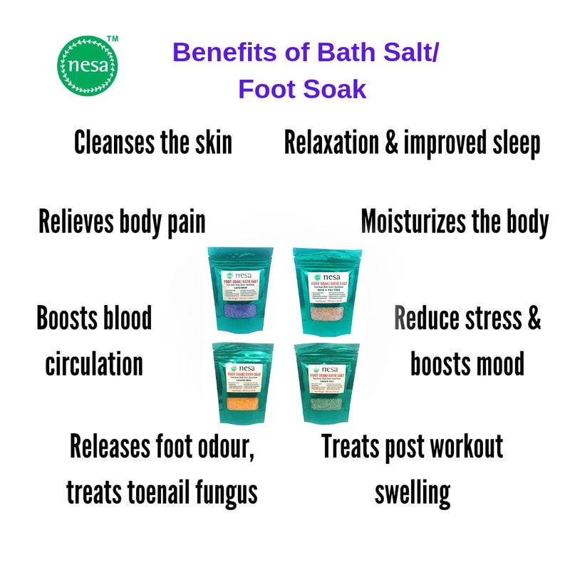 Nesa Bath Salt  Foot Soak Salt Variety Pack Lavender Green Tea Rose  Tea Tree Lemon Milk  Pack of 4  100 Gms Each  Muscle Pain Relief  Anxiety and Stress Relief  Dry Cracked Feet Care  Manicure and Pedicure  SelfCare  Relaxation  Detoxifying  Skin Cleansing and Moisturizing - Image 2