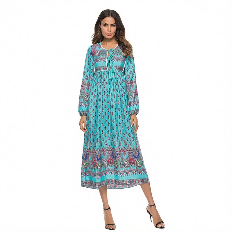 Bohemian Long Sleeve Fringe Irregular Print Dress - Image 2