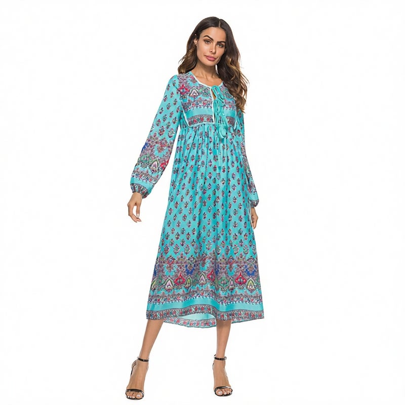 Bohemian Long Sleeve Fringe Irregular Print Dress - Image 1