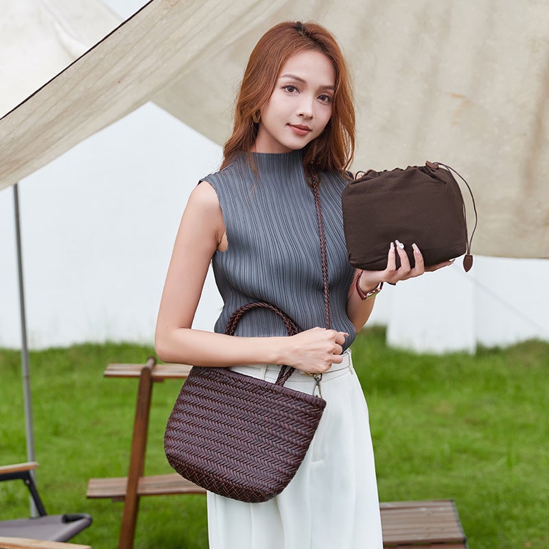2025 Spring New Arrival Woven Bag Dragon French Vegetable Basket Bag Genuine Leather Crossbody Bag Women'S Ins Style - Image 3