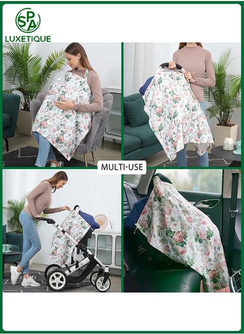 Cotton Nursing Cover for Breastfeeding, 360° Coverage, Breathable and Portable, Rose Pattern Privacy Breastfeeding Shawl for Baby, White Flower Design