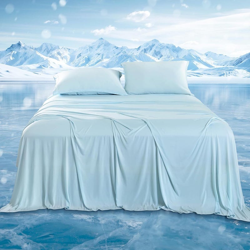 DOWNCOOL 4-Piece Cooling Sheet Set Full Size, Cooling Bed Sheets for Hot Sleepers and Night Sweats, Q-Max>0.4, Soft & Breathable Summer Bedding Sheets, Deep Pocket Up to 15", Blue - Image 1