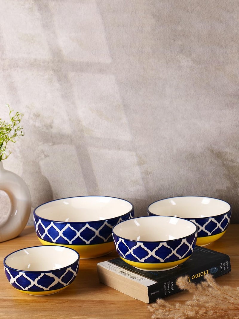 Niyara Stoneware Handmade Ceramic Stylish Premium Serving Bowls/Salad Tray Microwave Dishwasher Safe Set of 4 (Yellow Moroccan Print) - Image 1