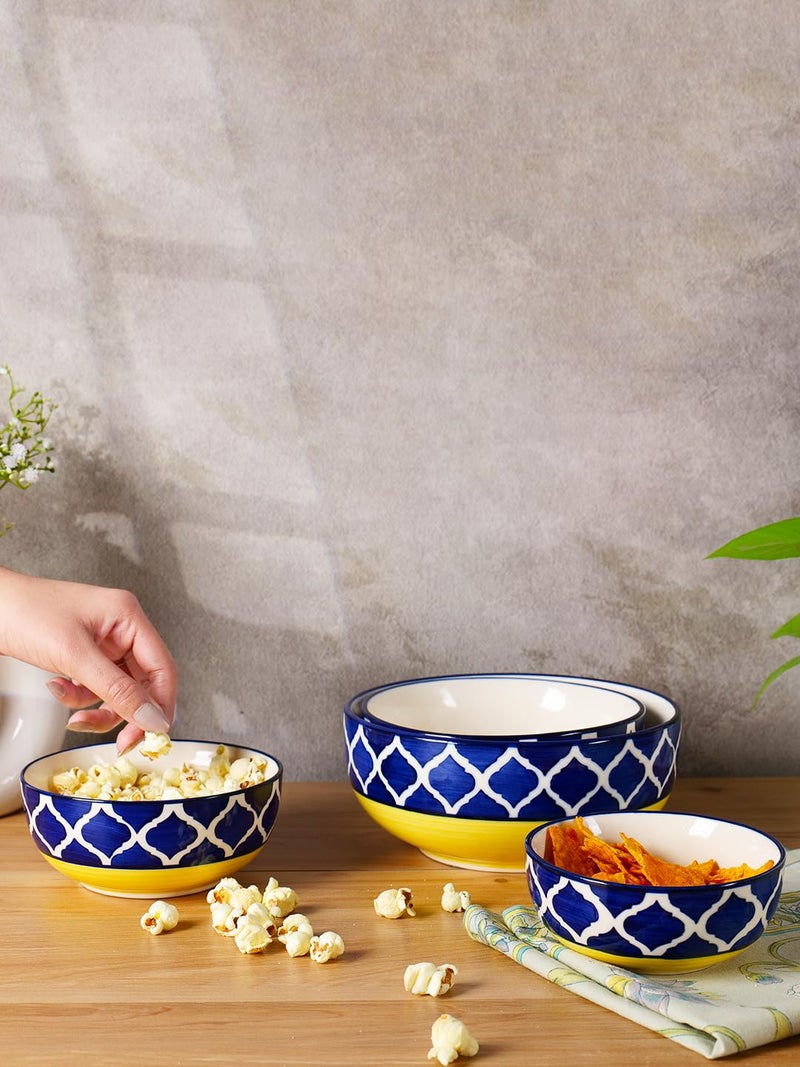 Niyara Stoneware Handmade Ceramic Stylish Premium Serving Bowls/Salad Tray Microwave Dishwasher Safe Set of 4 (Yellow Moroccan Print) - Image 2
