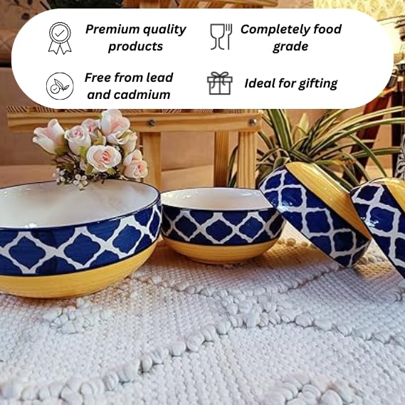 Niyara Stoneware Handmade Ceramic Stylish Premium Serving Bowls/Salad Tray Microwave Dishwasher Safe Set of 4 (Yellow Moroccan Print) - Image 3