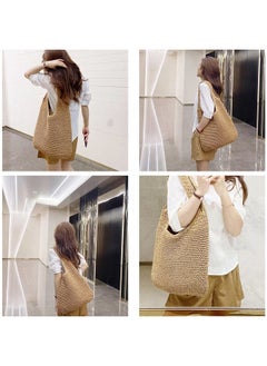 QTKJ Hand-woven Soft Large Straw Shoulder Bag Boho Straw Handle Tote Retro Summer Beach Bag Rattan Handbag (Khaki)  - Image 5
