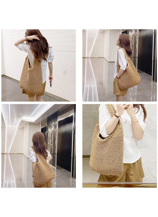 QTKJ - Hand-woven Soft Large Straw Shoulder Bag Boho Straw Handle Tote Retro Summer Beach Bag Rattan Handbag (Khaki) - Image 1