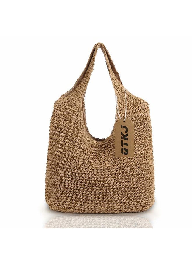 QTKJ - Hand-woven Soft Large Straw Shoulder Bag Boho Straw Handle Tote Retro Summer Beach Bag Rattan Handbag (Khaki) - Image 1