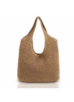 QTKJ Hand-woven Soft Large Straw Shoulder Bag Boho Straw Handle Tote Retro Summer Beach Bag Rattan Handbag (Khaki)  - Image 1