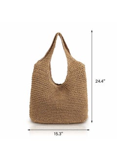 QTKJ Hand-woven Soft Large Straw Shoulder Bag Boho Straw Handle Tote Retro Summer Beach Bag Rattan Handbag (Khaki)  - Image 2
