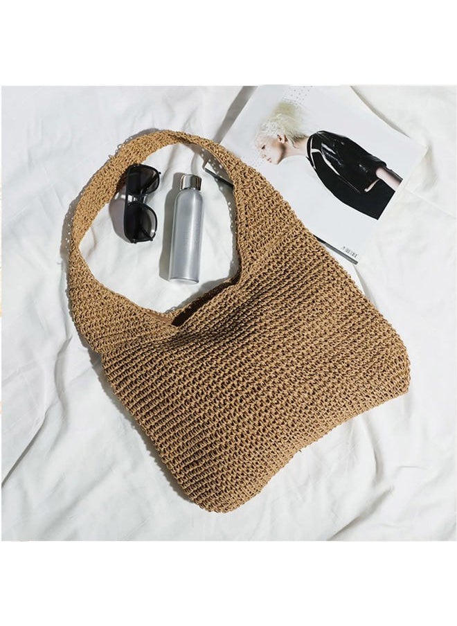 QTKJ - Hand-woven Soft Large Straw Shoulder Bag Boho Straw Handle Tote Retro Summer Beach Bag Rattan Handbag (Khaki) - Image 1