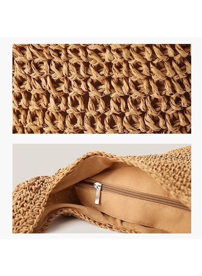 QTKJ - Hand-woven Soft Large Straw Shoulder Bag Boho Straw Handle Tote Retro Summer Beach Bag Rattan Handbag (Khaki) - Image 1