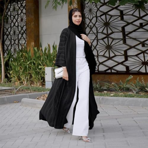IWEMEK Front Open Abayas for Women Muslim Dress with Hijab Long Sleeve Muslim Cardigan Dress Abaya Cardigan Coat for Winter Women Muslim Clothes for Women 2 Piece Set Muslim Cardigan for Women BlackHijab M - Image 3