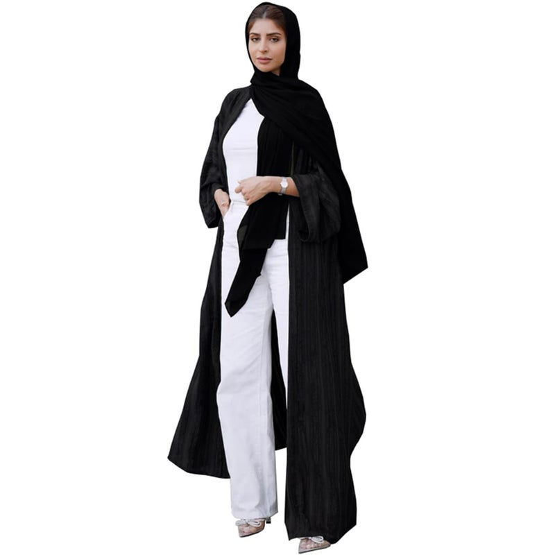 IWEMEK Front Open Abayas for Women Muslim Dress with Hijab Long Sleeve Muslim Cardigan Dress Abaya Cardigan Coat for Winter Women Muslim Clothes for Women 2 Piece Set Muslim Cardigan for Women BlackHijab M - Image 2
