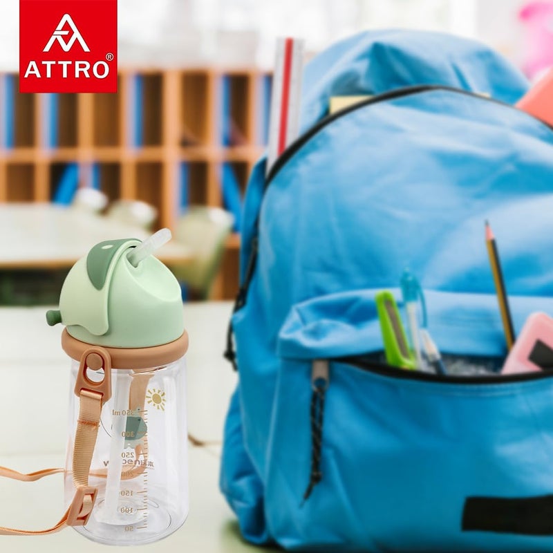 ATTRO Doddle Kid 450ml Water Bottle with Flip top Lid, Straw & Detachable Nylon Strap BPA Free, Leak Proof ideal for Kids - Green, Plastic - Image 5