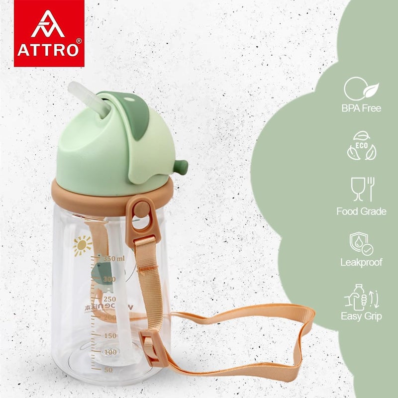 ATTRO Doddle Kid 450ml Water Bottle with Flip top Lid, Straw & Detachable Nylon Strap BPA Free, Leak Proof ideal for Kids - Green, Plastic - Image 3