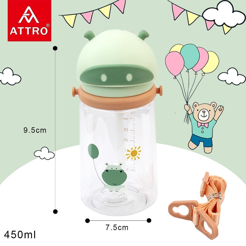 ATTRO Doddle Kid 450ml Water Bottle with Flip top Lid, Straw & Detachable Nylon Strap BPA Free, Leak Proof ideal for Kids - Green, Plastic - Image 4