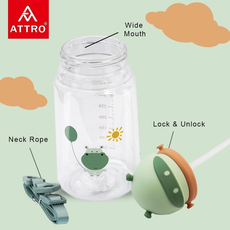 ATTRO Doddle Kid 450ml Water Bottle with Flip top Lid, Straw & Detachable Nylon Strap BPA Free, Leak Proof ideal for Kids - Green, Plastic - Image 2