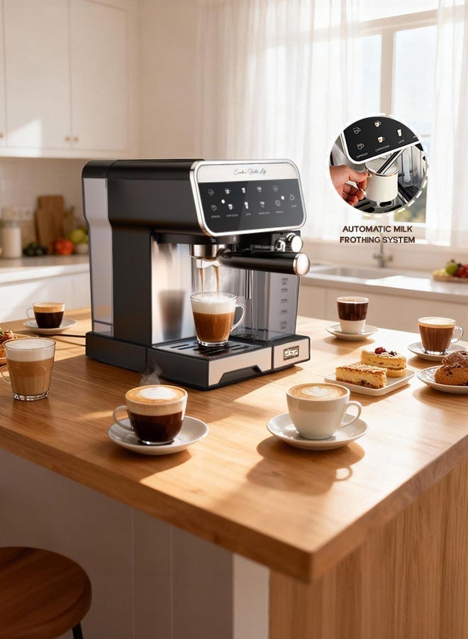 DSP Espresso Coffee Maker,20 Bar Coffee Machine with Milk Frother,1.5Litter,Auto Shut-Off, Espresso, Cappuccino, Latte Maker, Touchscreen Coffee Maker for Home and Office,1350 W, Black/Silver - Image 3