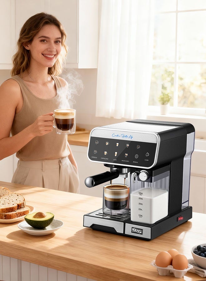DSP Espresso Coffee Maker,20 Bar Coffee Machine with Milk Frother,1.5Litter,Auto Shut-Off, Espresso, Cappuccino, Latte Maker, Touchscreen Coffee Maker for Home and Office,1350 W, Black/Silver - Image 2