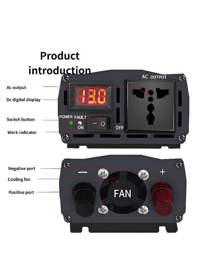 Pure Sine Wave Power Inverter 1000W Continuous / 2000W Peak DC 12V to AC 220V Car Converter with Universal Socket & Smart LED Display - Image 2