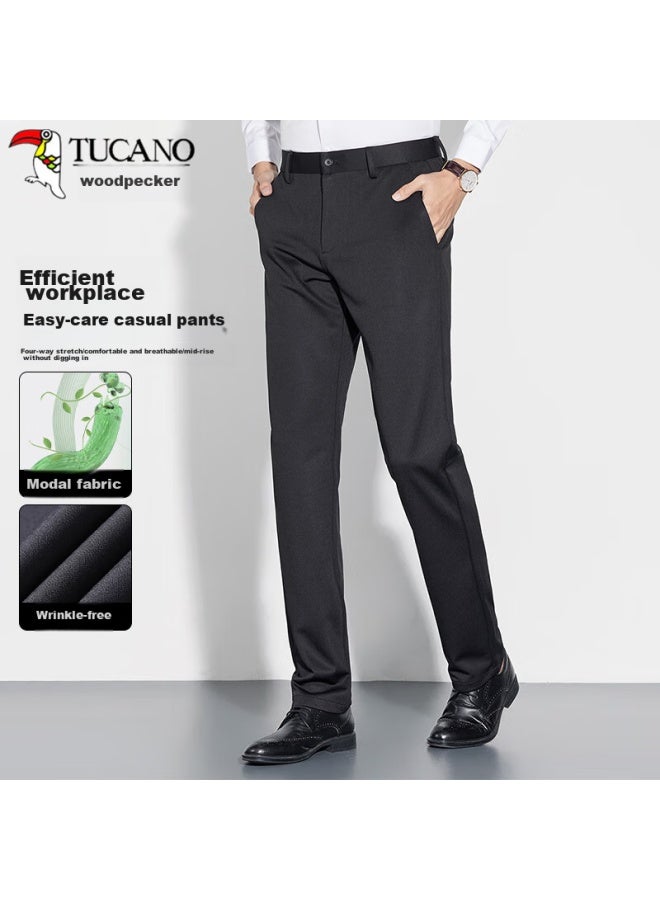Tucano Tucano Casual Pants For Men, Modal Business Solid Color Versatile Loose Straight Slim Fit Simple Trousers Men's Clothing, Black, Size 32 - Image 1