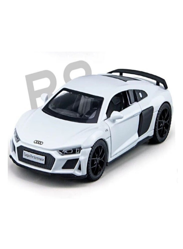 1:32 متوافق مع نموذج سيارة أودي R8 كوبيه، سيارة لعبة سحب للخلف من سبائك الزنك مع صوت وضوء للأطفال والكبار (أبيض) - Image 1