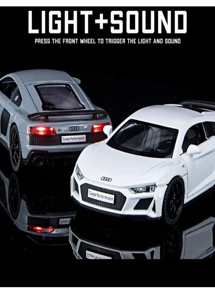 1:32 متوافق مع نموذج سيارة أودي R8 كوبيه، سيارة لعبة سحب للخلف من سبائك الزنك مع صوت وضوء للأطفال والكبار (أبيض) - Image 4
