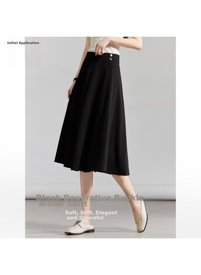Chushen Women's High-waisted A-line Skirt, Slimming, Office Wear, Solid Color, Ol Style, Flared Skirt S136b2749, Black, M