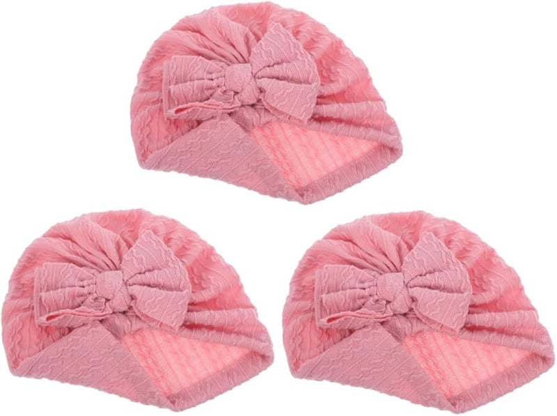 3Pcs Soft Stretchy Baby Beanie Hat With Bow Knot For Toddlers Girls Boys Pink - Image 1