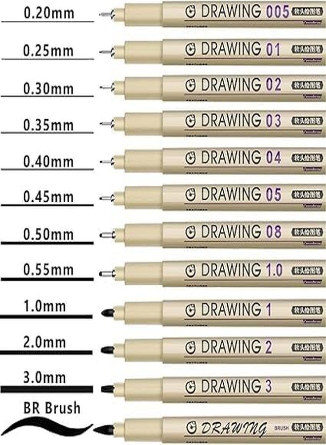 Dhrumino مجموعة أقلام رسم فنية سوداء دقيقة من درومينو، ١٢ قطعة، أقلام رسم فنية سوداء دقيقة للرسم والتوضيح الفني، أحجام متنوعة، أقلام حبر أرشيفية، رسم تخطيطي، رسم فني - Image 3