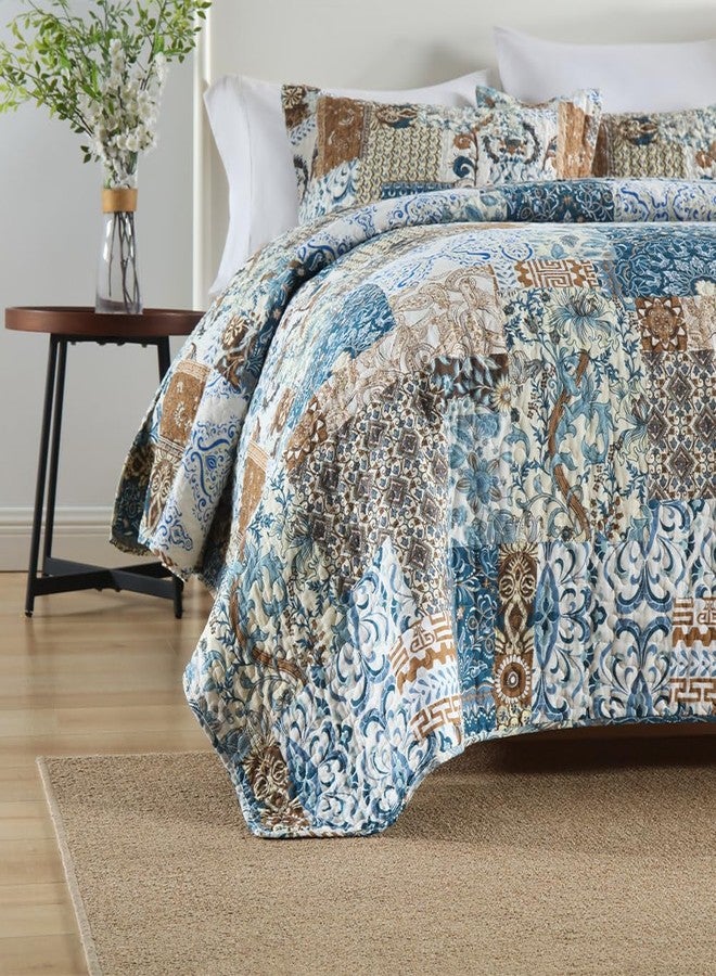 ENASAL Cotton Bedspread Quilt Bedding Sets Reversible Coverlet Comforters Blue Bohemian Rustic Floral Patchwork Pattern Bedspread for All Season,Queen Size - Image 5