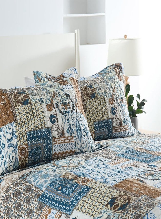 ENASAL Cotton Bedspread Quilt Bedding Sets Reversible Coverlet Comforters Blue Bohemian Rustic Floral Patchwork Pattern Bedspread for All Season,Queen Size - Image 3