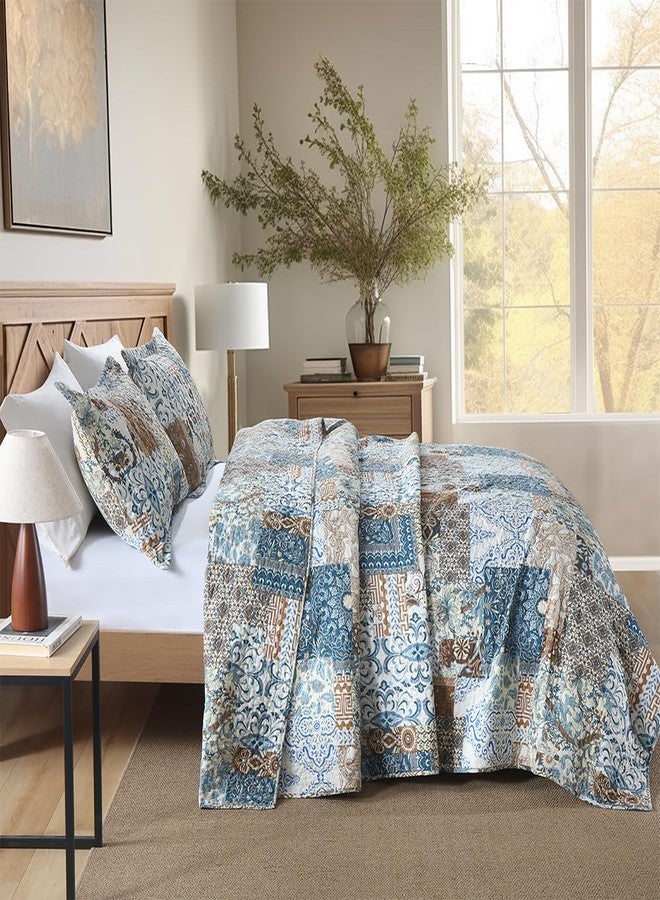 ENASAL Cotton Bedspread Quilt Bedding Sets Reversible Coverlet Comforters Blue Bohemian Rustic Floral Patchwork Pattern Bedspread for All Season,Queen Size - Image 2