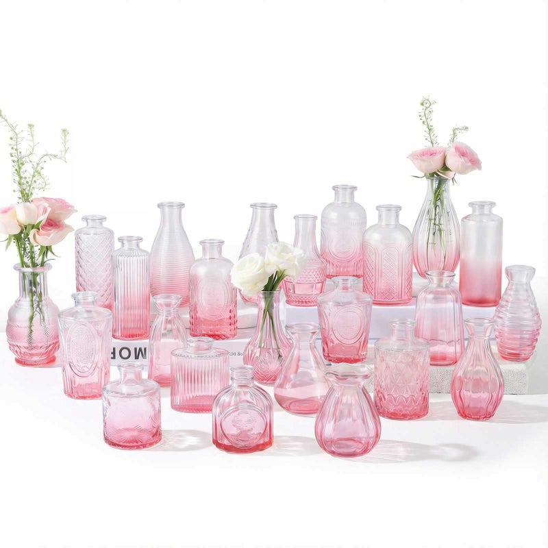 BEAHOT 24 Pack Pink Flower Vase in Bulk,Mini Vintage Glass Bud Vases for Centerpieces,Wedding Decor,Party & Home Decaration,Mother's Day (Pink-Gradient) - Image 1
