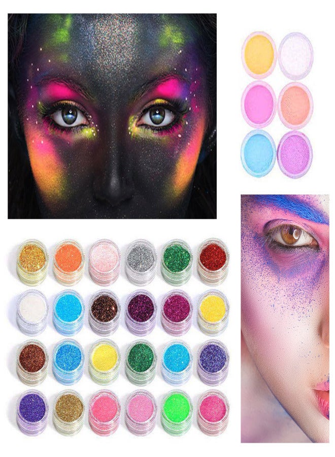 Glitter Powder Kit 30 Bottles Fine Glitter Powder Pigment Luminous with Glue Brushes Stencils for Tattoo Body Art Party Makeup Face & Nail Art Temporary Tattoo Powder Cosmetic Loose Glitter Set - Image 2