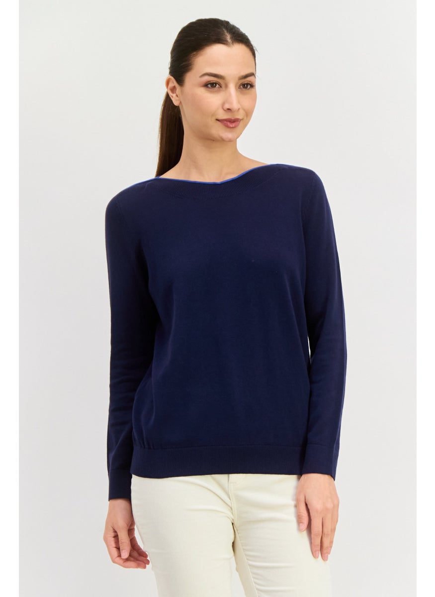 ESPRIT Women Boat Neck Long Sleeve Plain Sweater, Navy  - Image 1