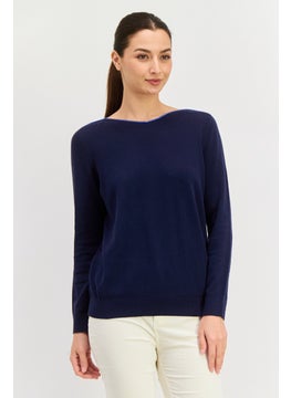 ESPRIT Women Boat Neck Long Sleeve Plain Sweater, Navy  - Image 1