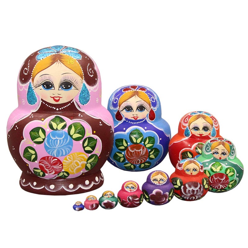 Moonmo 10pcs Beautiful Handmade Wooden Russia Nesting Dolls Gift Russian Nesting Wishing Dolls White Beautiful Flower Matryoshka Traditional - Image 4