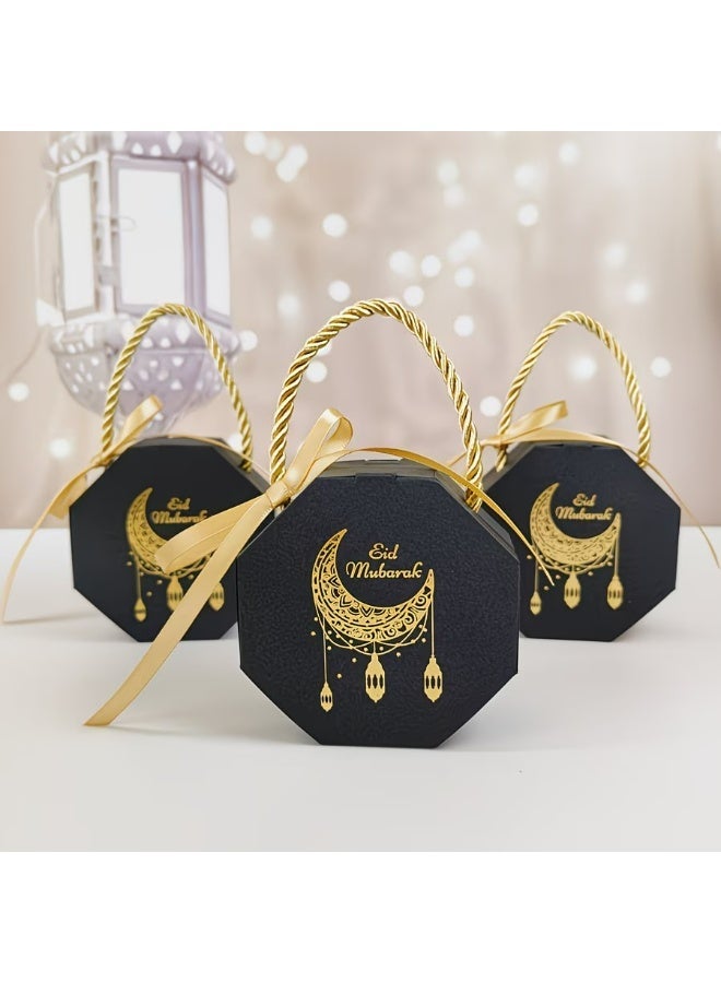 Kandid صناديق هدايا رمضان والعيد 5 قطع - عيد مبارك - صناديق حلوى إسلامية لرمضان، تصميم هلال أسود وذهبي، صناديق ورقية مع مقابض، 5 عبوات [أسود] - Image 1