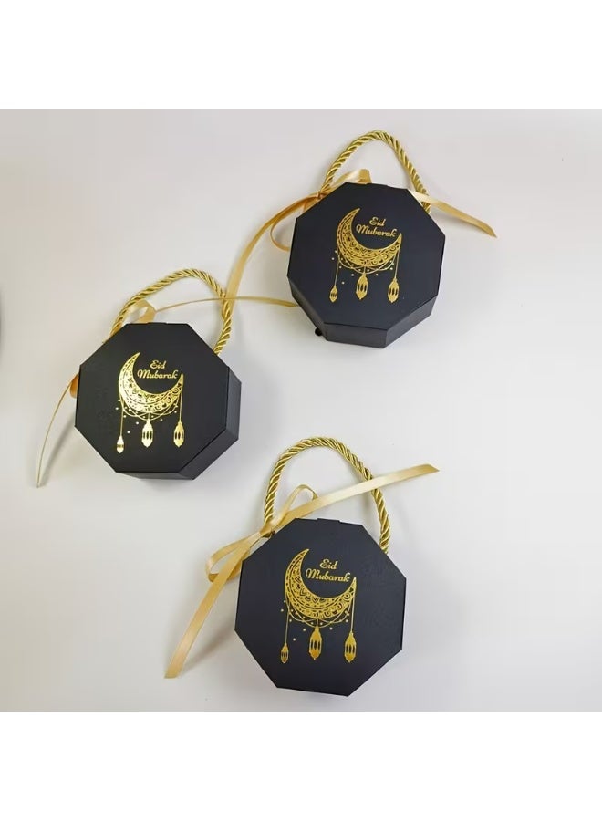 Kandid صناديق هدايا رمضان والعيد 5 قطع - عيد مبارك - صناديق حلوى إسلامية لرمضان، تصميم هلال أسود وذهبي، صناديق ورقية مع مقابض، 5 عبوات [أسود] - Image 5