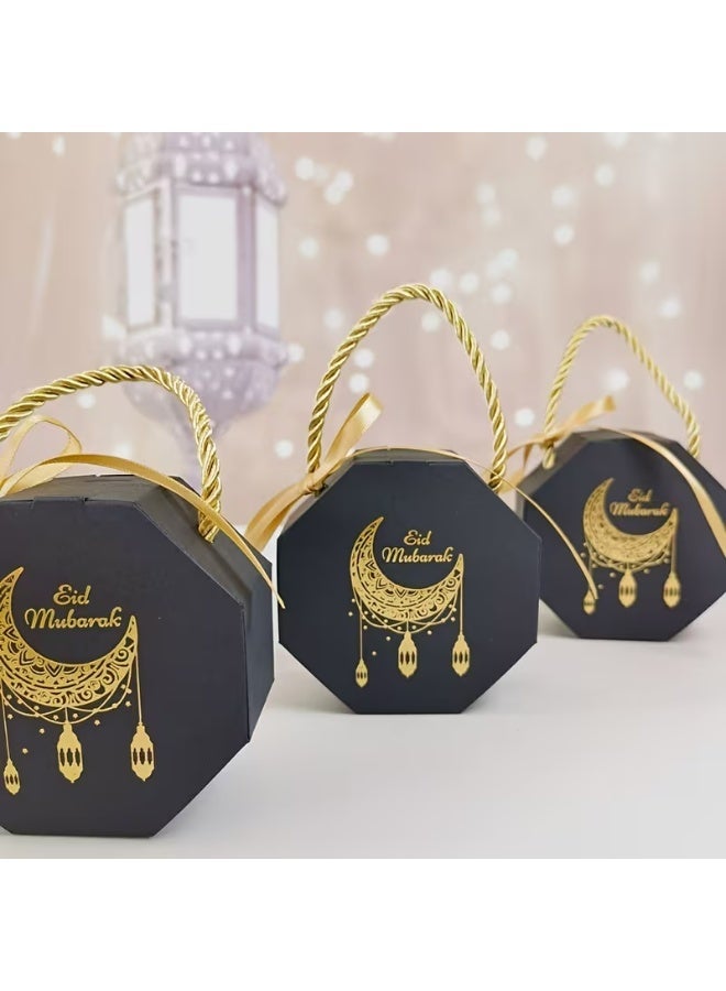 Kandid صناديق هدايا رمضان والعيد 5 قطع - عيد مبارك - صناديق حلوى إسلامية لرمضان، تصميم هلال أسود وذهبي، صناديق ورقية مع مقابض، 5 عبوات [أسود] - Image 2