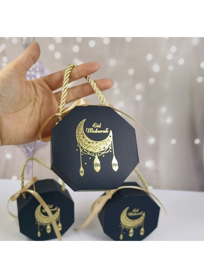 Kandid صناديق هدايا رمضان والعيد 5 قطع - عيد مبارك - صناديق حلوى إسلامية لرمضان، تصميم هلال أسود وذهبي، صناديق ورقية مع مقابض، 5 عبوات [أسود] - Image 4