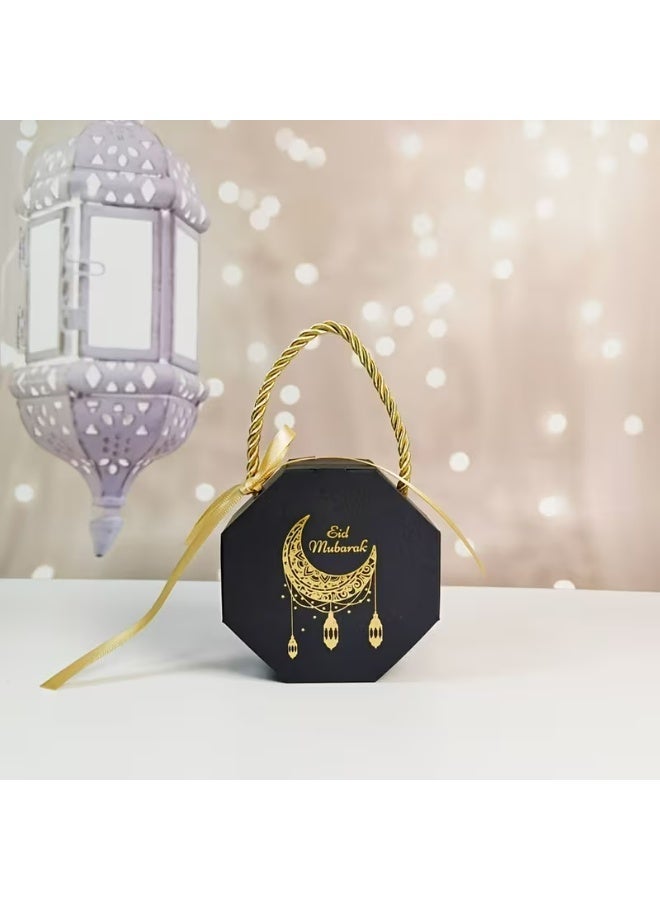 Kandid صناديق هدايا رمضان والعيد 5 قطع - عيد مبارك - صناديق حلوى إسلامية لرمضان، تصميم هلال أسود وذهبي، صناديق ورقية مع مقابض، 5 عبوات [أسود] - Image 3