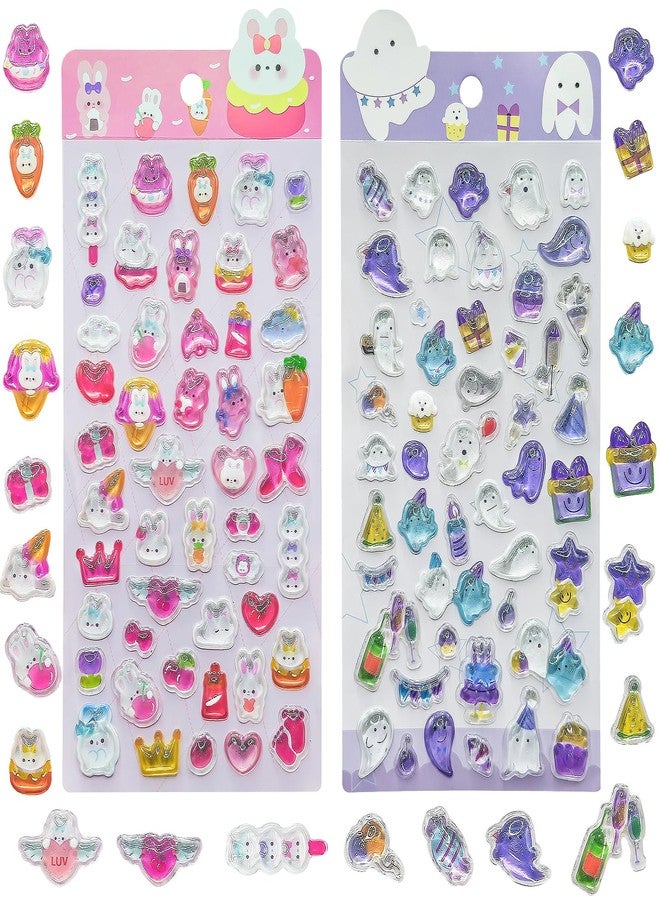 Dojomadf 2 Sheets of 3D Decals - Cute Pink Bunny & Purple Ghost Resin Stickers, Kawaii 3D Decals for Use on Any Surface, Reusable Stickers for Laptops, Phones, Rooms, School Supplies & Home Decor - Image 1