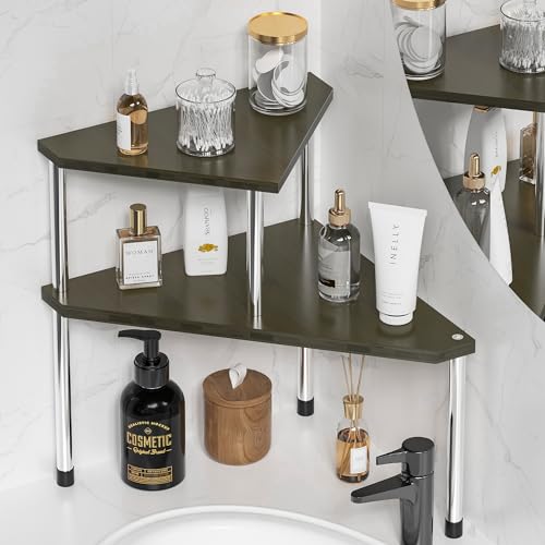 Weenson Bathroom Counter Organizer Corner Shelf - 2 Tier Bathroom Organization Bamboo Bathroom Sink Shelf Kitchen Countertop Organizer Adjustable Free-Standing Counter Storage Shelf(Antique) - Image 1