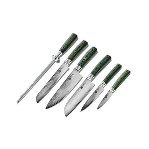 HexClad Essential Knife Set 6Piece Japanese Damascus Stainless Steel Blades Full Tang Construction Pakkawood Handles