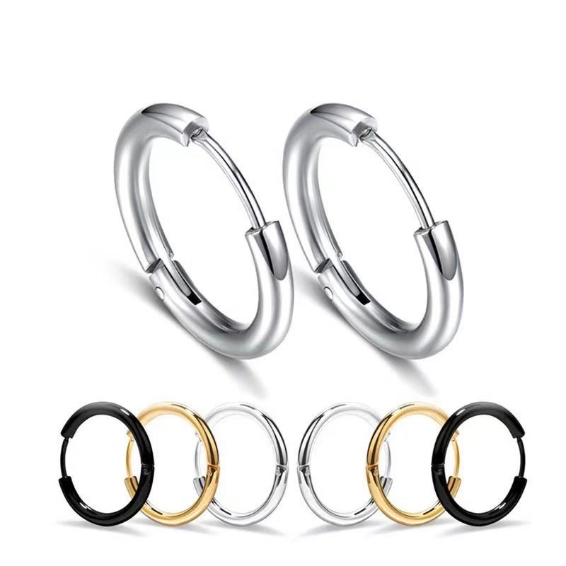 WU Commuter Simple Korean-Style Stainless Steel Round Earrings for Men and Women, Versatile Coil Ear Clips, Fake Hoop Earrings - Image 2