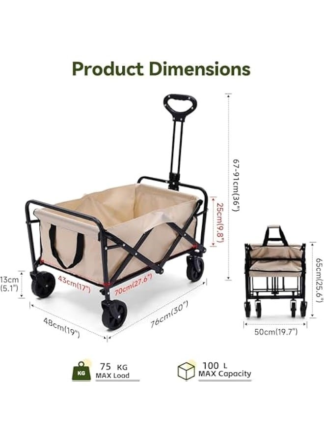 TRASSLE Garden Cart Foldable, Collapsible Foldable Wagon, Beach Wagon Cart Heavy Duty with Wheels Foldable, Utility Folding Grocery Wagon for Camping Sports Outdoor Activities  - Image 2